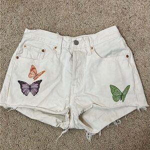 Levis 501 Jean Shorts Sz 27 High Rise Butterfly Print Cutoff Beige Rigid Denim